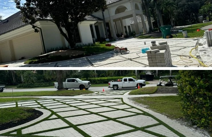 Before and after restoration of a residential paver driveway in Naples, FL, showcasing professional cleaning and sealing results.
