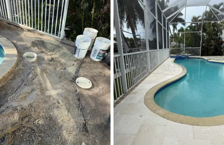 Pool deck paver restoration project showing the contrast between dirty pavers and professionally sealed, cleaned pavers in Naples, Florida.